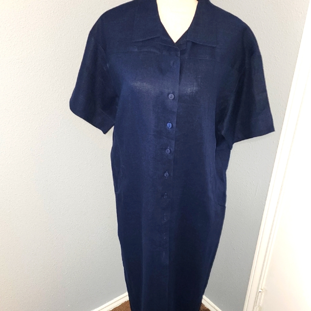 Jaeger Navy Linen Blend Button-Up Dress Sz 12